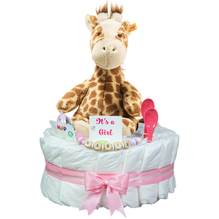 Windeltorte für Mädchen mit pinker Kette und großer Steiff-Giraffe