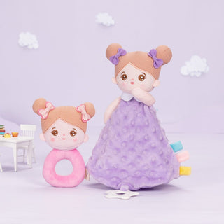 Baby Plüschset mit Rassel und Schmusetuch in lila/rosa Puppen Ifradoll   