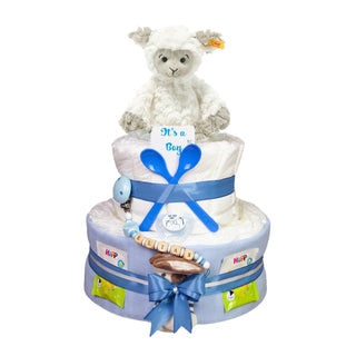 Windeltorte 3 Etagen Soft Cuddly Friends Lita Lamm in blau Windeltorten für Jungs Jasmico by Windeltortenfee
