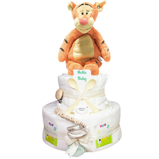 Windeltorte 3 Etagen Steiff Tigger in beige Neutrale Windeltorten Jasmico by Windeltortenfee