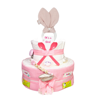 Windeltorte 3 Etagen Jollein Beißring Silikon Bunny Ears - Wild Rose Windeltorten für Mädchen Jasmico by Windeltortenfee