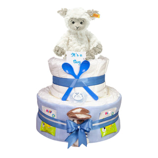 Windeltorte 3 Etagen Soft Cuddly Friends Lita Lamm in blau Windeltorten für Jungs Jasmico by Windeltortenfee