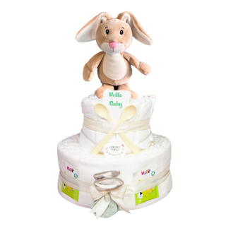 Windeltorte 3 Etagen kleiner Hase in beige Neutrale Windeltorten Jasmico by Windeltortenfee