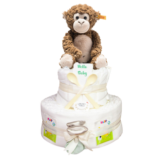 Windeltorte 3 Etagen Soft Cuddly Steiff Bodo Affe beige Neutrale Windeltorten Jasmico by Windeltortenfee