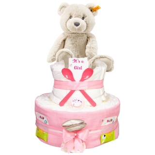 Windeltorte 3 Etagen Soft Cuddly Friends Teddybär Bearzy in rosa Windeltorten für Mädchen Jasmico by Windeltortenfee