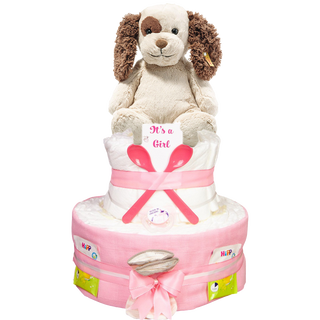 Windeltorte 3 Etagen Soft Cuddly Steiff Peppi Welpe rosa Windeltorten für Mädchen Jasmico by Windeltortenfee