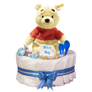 Windeltorte Steiff Soft Cuddly Friends Disney Winnie Puuh in blau Windeltorten für Jungs Jasmico by Windeltortenfee