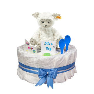 Windeltorte Steiff Soft Cuddly Friends Lita Lamm in blau Windeltorten für Jungs Jasmico by Windeltortenfee