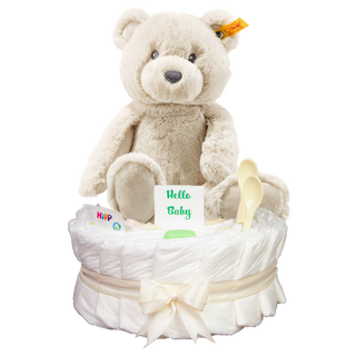 Windeltorte Steiff Soft Cuddly Friends Bearzy Teddybär in beige Neutrale Windeltorten Jasmico by Windeltortenfee