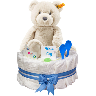 Windeltorte Steiff Soft Cuddly Friends Bearzy Teddybär in blau Windeltorten für Jungs Jasmico by Windeltortenfee