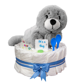 Windeltorte Welliebellie Wärmekuscheltier Robbe blau Windeltorten für Jungs Jasmico by Windeltortenfee