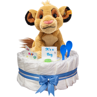 Windeltorte Steiff Soft Cuddly Friends Disney Simba in blau Windeltorten für Jungs Jasmico by Windeltortenfee