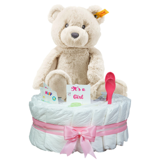 Windeltorte Steiff Soft Cuddly Friends Bearzy Teddybär in rosa Windeltorten für Mädchen Jasmico by Windeltortenfee
