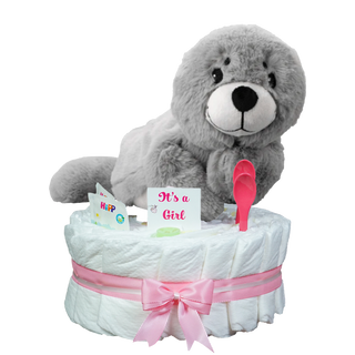 Windeltorte Welliebellie Wärmekuscheltier Robbe rosa Windeltorten für Mädchen Jasmico by Windeltortenfee