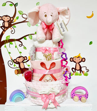 Premium Windeltorte Baby Hug Elefant in rosa Windeltorte Premium Jasmico by Windeltortenfee   