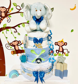 Premium Windeltorte Baby Hug Elefant in blau Windeltorte Premium Jasmico by Windeltortenfee   
