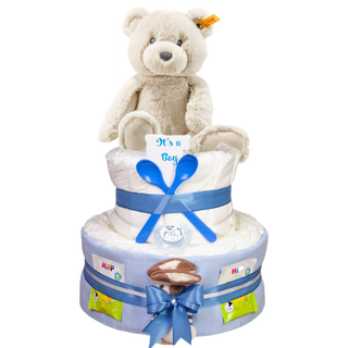Windeltorte 3 Etagen Soft Cuddly Friends Teddybär Bearzy in blau Windeltorten für Jungs Jasmico by Windeltortenfee