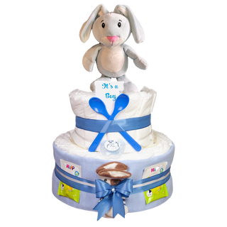 Windeltorte 3 Etagen kleiner Hase in blau Windeltorten für Jungs Jasmico by Windeltortenfee
