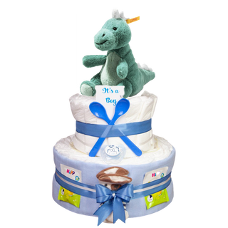 Windeltorte 3 Etagen Soft Cuddly Friends Joshi Baby T-Rex Windeltorten für Jungs Jasmico by Windeltortenfee