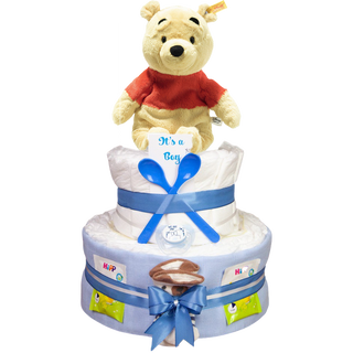Windeltorte 3 Etagen Soft Cuddly Friends Disney Winnie Puuh in blau Windeltorten für Jungs Jasmico by Windeltortenfee