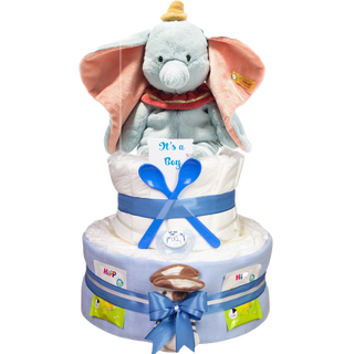 Windeltorte 3 Etagen Soft Cuddly Friends Disney Dumbo in blau Windeltorten für Jungs Jasmico by Windeltortenfee