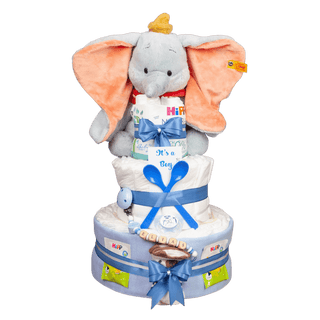 Windeltorte 3 Etagen Steiff Disney Dumbo in blau Windeltorten für Jungs Jasmico by Windeltortenfee   