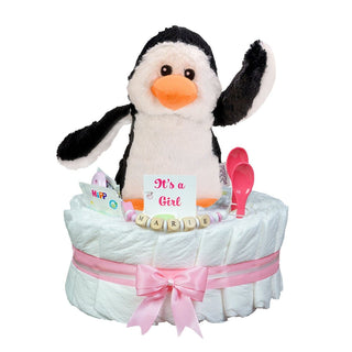 Windeltorte Welliebellie Wärmekuscheltier Pinguin rosa Windeltorten für Mädchen Jasmico by Windeltortenfee   